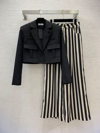 Autumn Black Two Piece Pants Sets Long Sleeve Notched-Lapel Pockets Blazers Top With Striped Wide Leg Trousers Pants Suits Set Two Piece Suits B3S151315