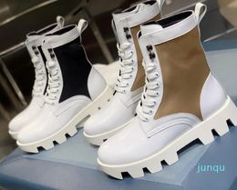 Leather And Nylon Combat Boots Cross Tied Rivet Triangle Pattern Ankle Short Booties Flat Platform Brand