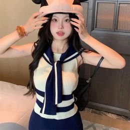 Work Dresses Hsa Women's Knitted 2 Pcs Set Sailor Spliced Mini Skirt High Waist Tied Skirts Suits 2023 Summer Fashion Women Sets