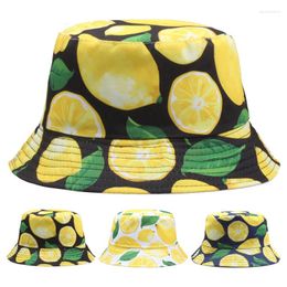 Berets Beach Accessory Cute Yellow Lemons Bucket Hats For Women Men Fruit Tropical Printing Street Bob Hat Summer Sun Screen Caps YD054