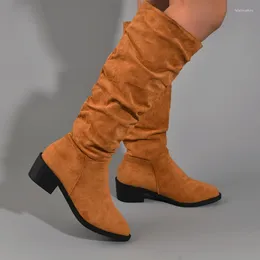 Boots Women's Fashion Pleated Western Retro Pointed Toe Medium Heels Cowboy Woman Autumn Slip On Mid Calf Cowgirl Botas