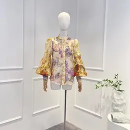 Women's Blouses High Quality Linen Silk Floral Printing Vintage Elegant Long Lantern Sleeve Buttons Blouse 2023 Woman Clothes