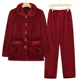 Women's Sleepwear 2023 Autumn Winter Pajamas Suit Middle-Aged Women Pyjamas Thickened Flannel Hairy Soft Home Wear Pant Set Female