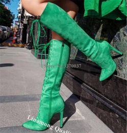 Boots Linamong Green Red Suede Knee High Stiletto Heel Pointed Toe Lace-up Slim Thin Long Club Dress Heels Big Size