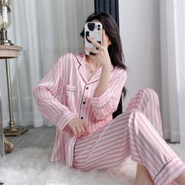 Women's Sleepwear Women Pink Striped Print Summer Nightwear Pyjama Two Piece Set Satin Pyjamas Loungewear