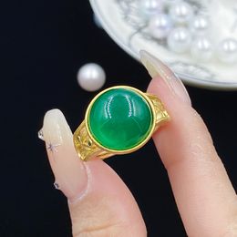 Women fashion Jewellery green jade chalcedony gold plated open ring birthday gift adjustable