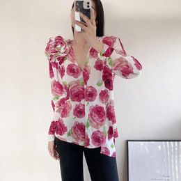 Women's Blouses Retro Fashion Laced V-neck Handmade Rose Flower Shirt 2023 Summer Y2k Long-sleeved Active Print Irregular Ladies Tops