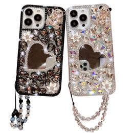 Flower Rhineston Phone Cases Sweetheart Mirror Luxury Iphone Cover Anti-drop Bracelet For IPhone 15 Pro Max Ultra 14 13 12 High-end Design Defender Protective Covers