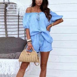 Women's Tracksuits Women Solid Colour Holiday Two Piece Set Elegant Slash Neck Lace-up Blouse Shorts Fashion Summer Casual Beach Outfits