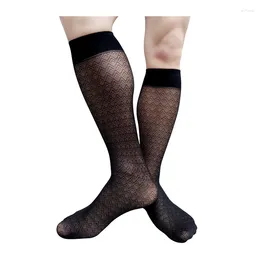 Men's Socks Knee High Mens Formal Sexy Black Wave Striped See Through Softy Dress Suit Stocking Lingerie Sheer Thin Long Tube
