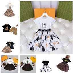 luxury designer Clothing Sets Fashion girls cute gauze skirt cotton 2023 two piece suit cci brand logo children Puff Sleeve dress shirts tshirt suits Baby Clothes a4