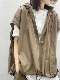 Women's Vests Deeptown Harajuku Hooded Sleeveless Women Vintage Hip Hop Zipper Oversized Cargo Vest Japan Style Casual Thin Jackets