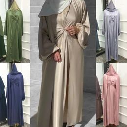 Ethnic Clothing Ramadan 3 Piece Satin Abaya Set Muslim Turkey Arabic Long Hijab Dress Open Cardigan Women Dubai Modest Matching Outfit