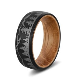 Wedding Rings Personalised Jewellery Black Tungsten Wedding Rings for Man Laser Engrave Forest Tree Whiskey Barrel Wood Sleeve for Hiking 7-12 231021