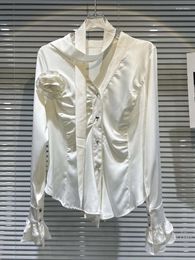 Women's Blouses 2023 Autumn Three-Dimensional Flower Pin Pleated Design V-neck Shirt White Satin Shirts Office Blouse Underwear Top
