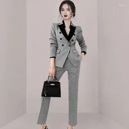 Casual Dresses Two-Piece Suit 2023 Fall Slim Fit Colour Matching Blazer Fashion Checked Trousers Business