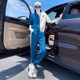 Women's Two Piece Pants 2023 Summer Sports Casual Suit Fashion Trend Simple Splicing Contrast Baseball Uniform Two-piece Harem