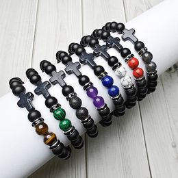 Handmade 8mm Natural Stone Strands Beaded Cross Bracelets For Men Women Balance Yoga Retro Elastic Charm Jewellery