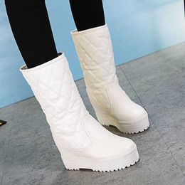 Boots White Snow Boots with Raised Height Inside Women's Mid Length Winter Leather Waterproof Warm Cotton Boots Versatile Plush Sloping Heel Thick Sole Short