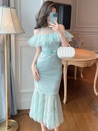 Basic Casual Women Dresses Sweet Gentle Elegant Dress for Women Sheer Mesh Off Shoulder Bodycon Fishitail Robe Femme Party Prom Vestidos Maxi Clothes Mujer 2024