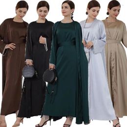 Ethnic Clothing Eid Ramadan Satin Open Abaya Kimono 2 Piece Sets Muslim Women Dresses Turkey Arabic Kaftan Party Dubai Abayas Gown Outfit