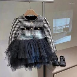 Girl Dresses Fashion Elegant Plaid Princess Dress Cotton Autumn Winter Toddler Child Mesh Houndstooth Skirt Thickening Baby Clothes2-10Y