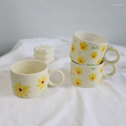 Mugs Ins Korean Small Fresh Mug Creative Hand-painted Flower Ceramic Cup Household Yellow Lovers Coffee