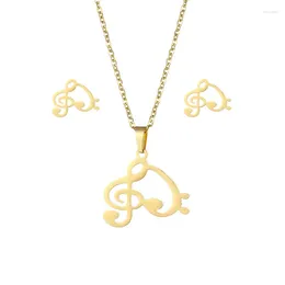 Necklace Earrings Set 10set/lot Stainless Steel Gold Colour Music Note Pendant Chain Stud Earring For Women Fashion Jewellery Wholesale