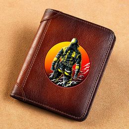 Wallets Vintage High Quality Genuine Leather Wallet Brave Firefighter Printing Standard Short Purse BK1343