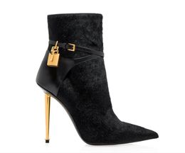 Winter womens ankle boot TOMF- TF boots calf leathers lady booty padlock and gold heels pointy toe party dress pumps 35-43 high boots