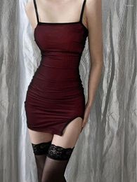 Casual Dresses Sexy Red Wine Tops Kroean Sling One Shoulder Pleated Mesh Mini Dress Temperament Slim Hip Tight Y992