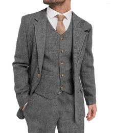 Men's Suits Grey 3 Piece Men Suit For Winner Herringbone Wool Tweed Shawl Lapel Wedding Groomsmen Tuxedos Slim Male Blazer Vest Pants