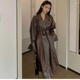 Women's Leather 2023 Autumn Solid Color Long Oversized Faux Trench Coat For Women Casual Sleeve Korean Fashion Double Breasted