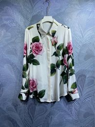 Women's Blouses Top End Women Silk Floral Printed Long Sleeves Single Breasted Slim Blouse Elegant Lady All Match Office Work Basic Shirts