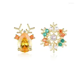 Stud Earrings Snowflake Elk Asymmetric Colour Zircon Crystal Women Creative Santa Claus Christmas Gift Woman Jewellery