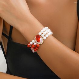 Link Bracelets Multilayer Red Blood Pattern Imitation Pearl Chain Women Goth Charm Beads Rhinestone Bangles Halloween Couple Jewellery