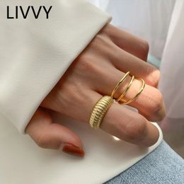 Band Rings LIVVY Gold Colour three layers Rings For Women Vintage Strips Engagement Rings Jewellery Trend 231021