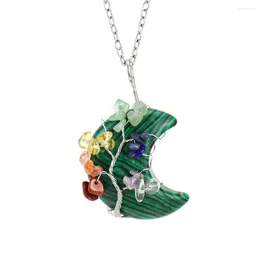 Pendant Necklaces FYJS Unique Silver Plated Wire Wrap Crescent Moon Malachite Stone Link Chain Necklace Healing Chakra Jewellery