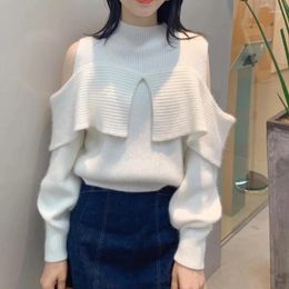 Women's Sweaters WAKUTA JAPAN Knitted Pullover Turtleneck Patchwork Ruffles Off-shoulder Pull Femme Long Sleeve Jersey Mujer Jumpers