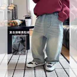 Trousers Children Clothing Kids Denim Pants 2023 Winter Thick And Fleece Boy Handsome Korean Style Jeans Straight Leg