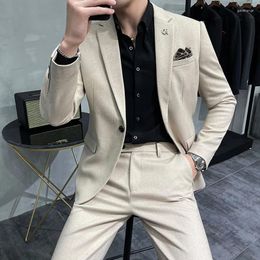 Men's Suits 2023 Autumn/Winter British Style Thickened Wool Stripe Set For Business Groom Dress Casual Office (Jacket Pants)