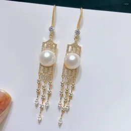 Dangle Earrings Fine Jewelry Pure 18K Yellow Gold Natural 8-8.5mm Ocean Salt Water Golden Round Pearls For Women Pearl