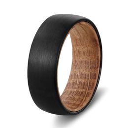 Wedding Rings 8mm Width Tungsten Promise Rings for Men Black Brushed Finishing with Whiskey Barrel Wood Sleeve Size 7-12 Comfort Fit 231021