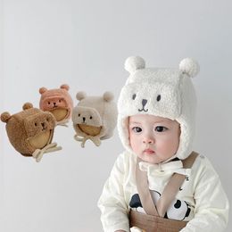 Caps Hats Cute Bear Baby Hat with Earflap Winter Warm Lamb Wool Infant Beanie Cap Solid Colour Cartoon Ears Toddler Ear Protection 231021