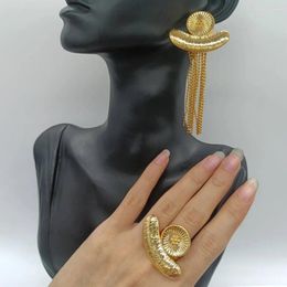 Necklace Earrings Set Dubai Gold Colour Jewellery For Women African Tassel And Cocktail Ring Weddings Party Ear Accessories Gifts