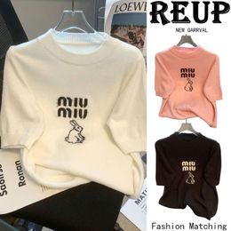 Miumius T-shirt Designer Luxury Fashion Women Rabbit Letter Knitted Short Sleeved For Women's Spring And Summer New Design Sense Niche Thin Bottom Top