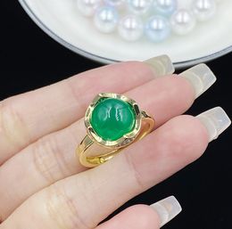 Women Fashion Jewellery Green Jade Chalcedony Gold Plated Open Ring lady Party Birthday Gift Adjustable