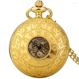 Pocket Watches Gold Color Sculptured Gear Clock 12 Constellations Dial Design Hollow Skeleton Wheel Reel Quartz Watch FOB Chain