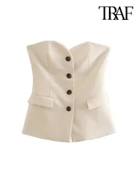 Women's Vests Women Fashion Front Buttons Bustier Waistcoat Vintage Sweetheart Neck False Lapels Female Outerwear Chic Tops