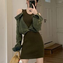 Casual Dresses Hsa 2023 Fashion Mini Sleeveless Knit Dress Off Shoulder Sexy O Neck Slim Pencil Jeans 2pcs Denim Sweater